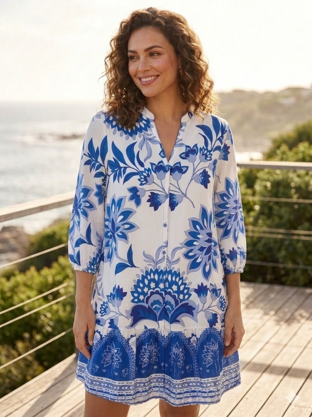 NWT Mlle Gabrielle Blue & White Floral V-Neck Shift Dress, Size Medium